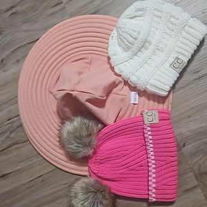 3 Baby hats💗CC Candy Pink Beanie w poms. CC Cream knit. Peach Ruffle Butts🌞